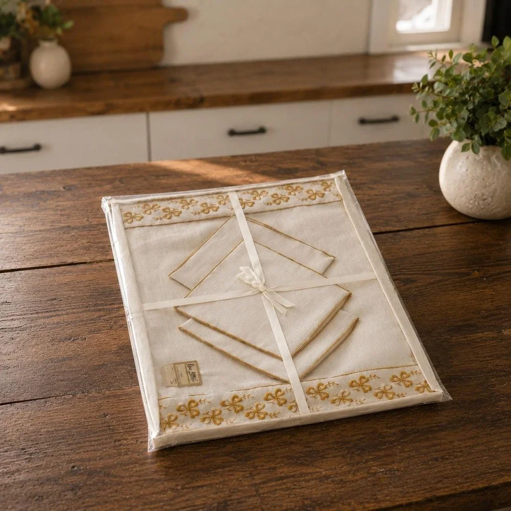 Vintage Linen Placemat Napkin Set 4 Gold Embroidered NOS Kaye Walt Creation